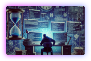 Developer sits at a cluttered desk surrounded by monitors filled with code, overwhelmed by chaotic workflows and time pressure, symbolized by an oversized hourglass and clock.