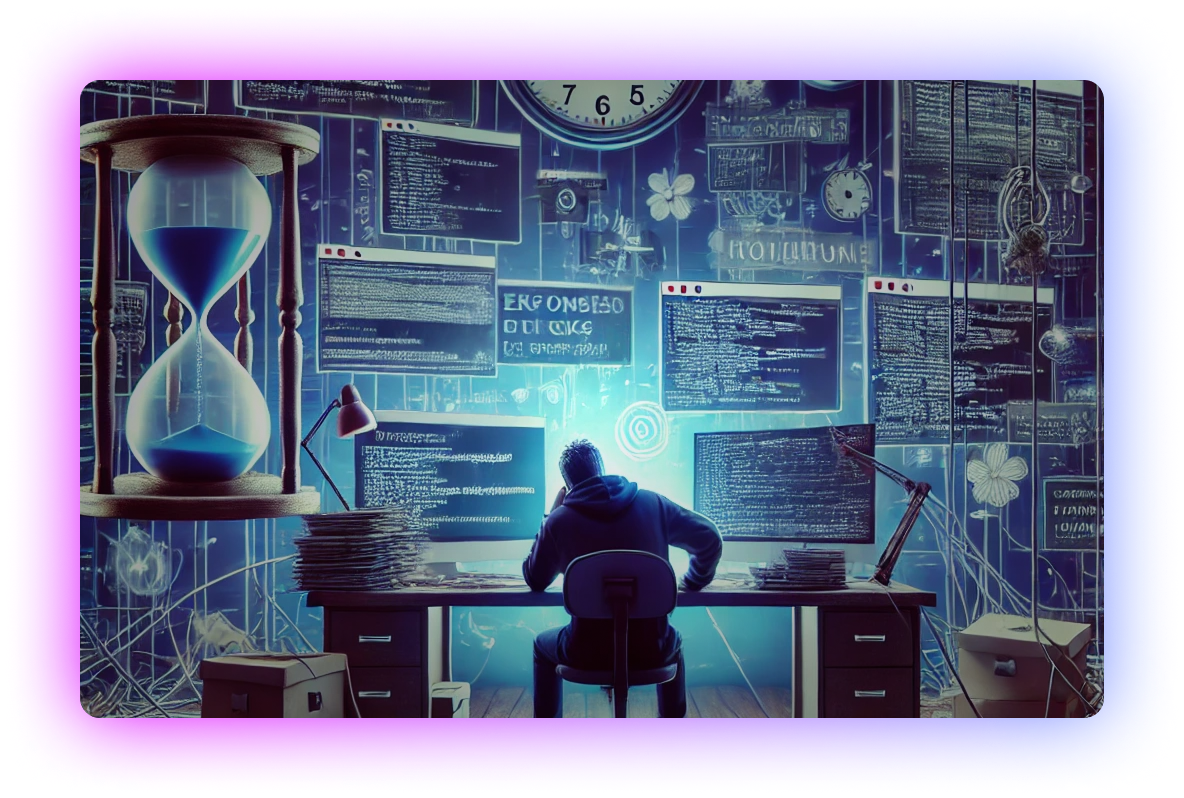 Developer sits at a cluttered desk surrounded by monitors filled with code, overwhelmed by chaotic workflows and time pressure, symbolized by an oversized hourglass and clock.