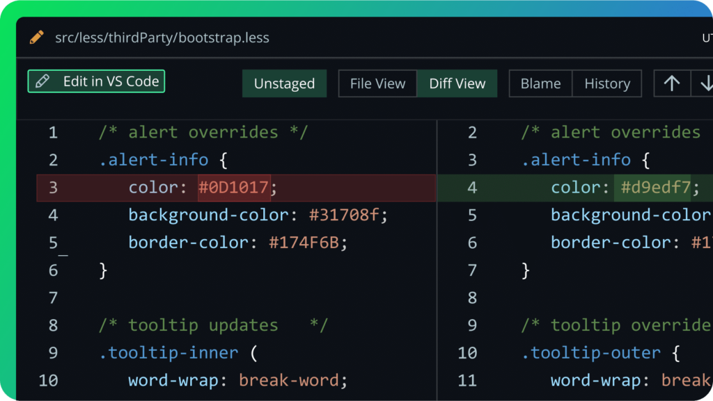 Side-by-side code diff view showing a change to the .alert-info class in a LESS file, with the color property updated from #0D1017 to #d9edf7. UI includes file path, staging status, and diff navigation options.