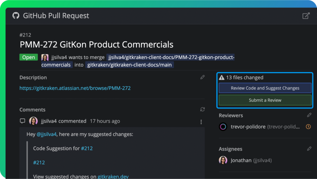 GitHub pull request interface showing PR #212 titled ‘PMM-272 GitKon Product Commercials’. The view includes branch merge details, a link to the Jira issue, comments, reviewer assignments, and buttons to review code and submit a review for 13 changed files.