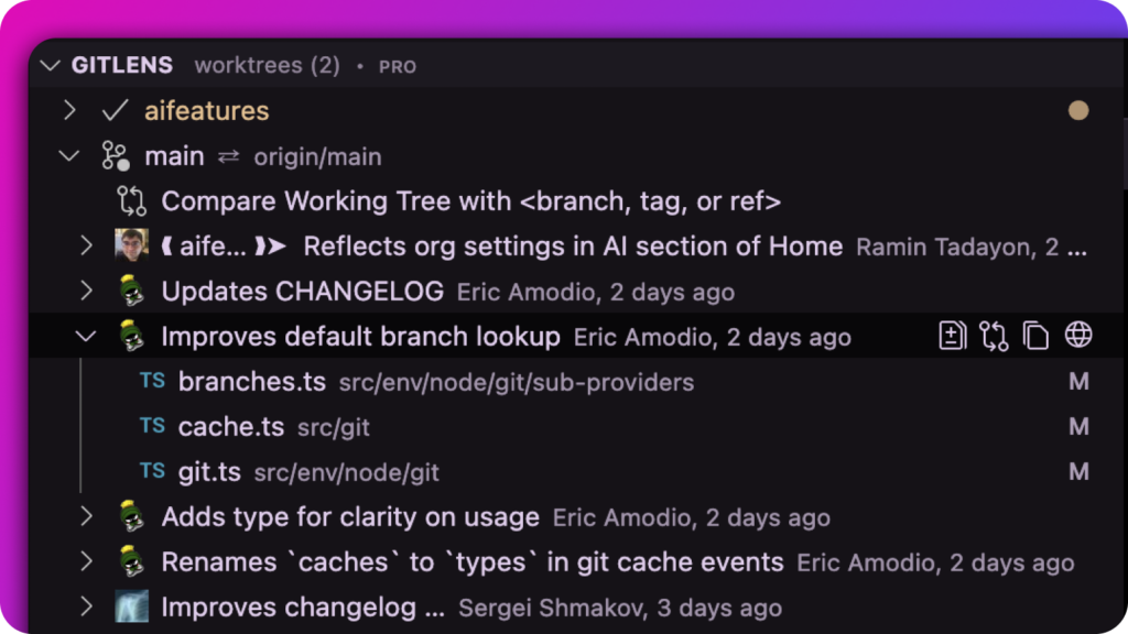 GitLens worktrees view showing simultaneous access to multiple branches and commits for streamlined development.