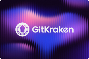 GitKraken logo displayed on a textured, wavy background with a vibrant gradient of purples, blues, and pinks.