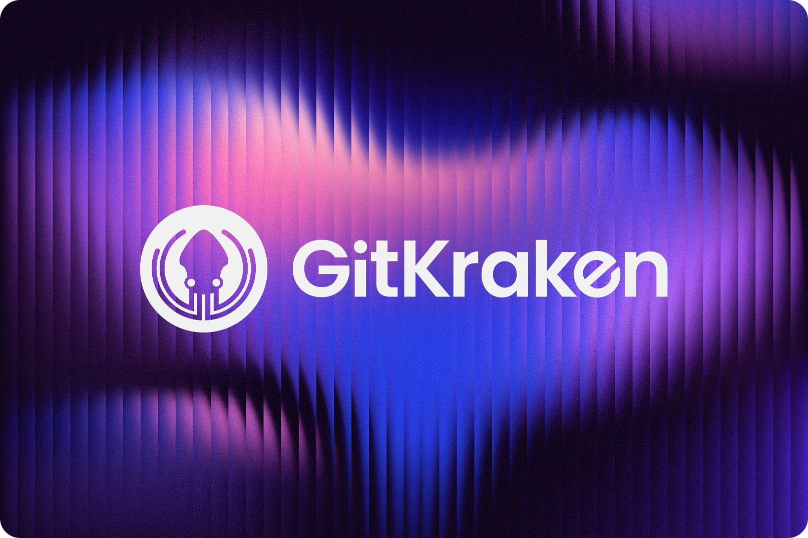 GitKraken logo displayed on a textured, wavy background with a vibrant gradient of purples, blues, and pinks.