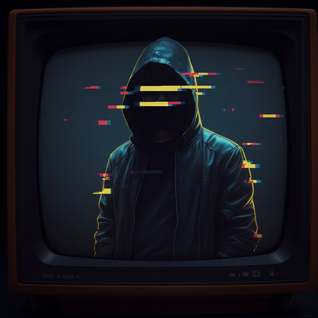 Stylized image of a mysterious figure in a hooded jacket with a partially obscured face, viewed through an old television screen with glitch effects and colorful digital artifacts.