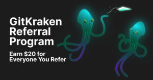 Promotional graphic for the GitKraken Referral Program. Text on the left reads: “GitKraken Referral Program – Earn $20 for Everyone You Refer.” On the right, two cute GitKraken squid mascots are depicted. One is sending a glowing paper airplane with dollar signs trailing behind it to the other.