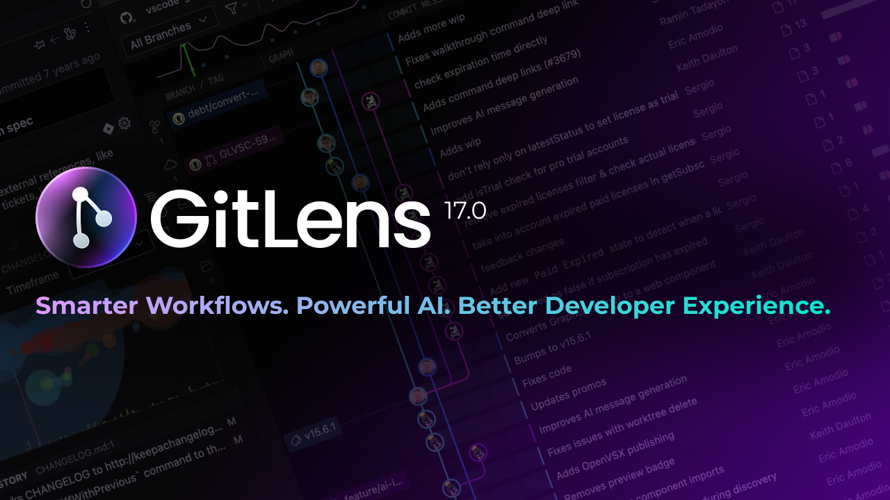 GitLens 17.0 promotional banner with the tagline ‘Smarter Workflows. Powerful AI. Better Developer Experience.’ overlaid on a blurred background of a Git commit graph and changelog interface.