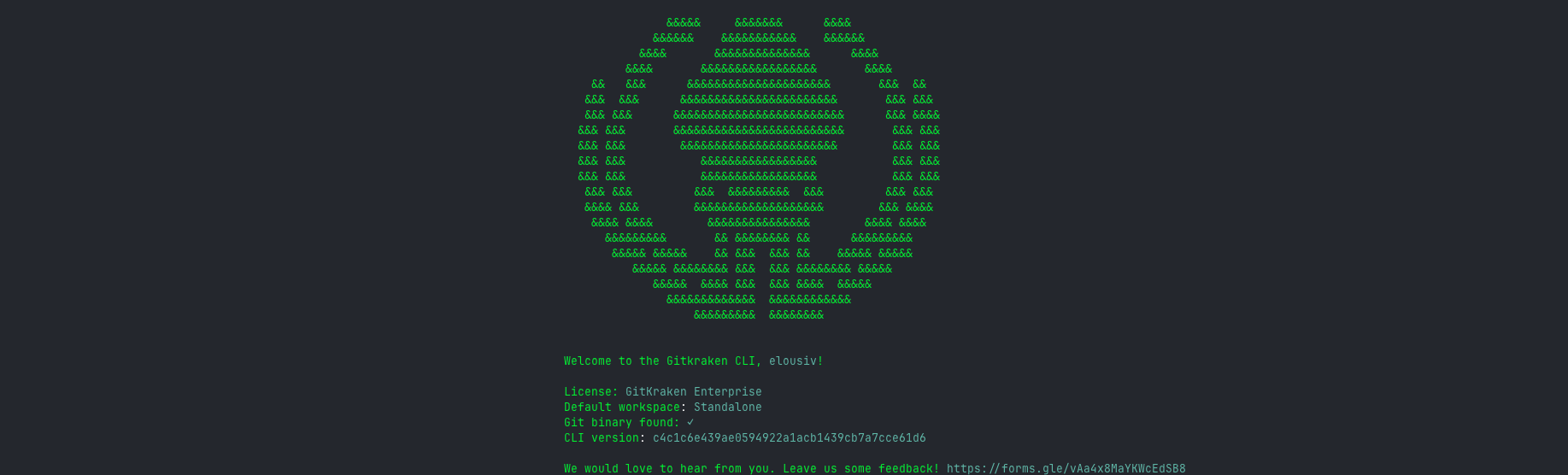 Terminal window displaying the GitKraken CLI welcome screen with an ASCII logo, showing license type, workspace, Git binary status, CLI version, and a feedback link.