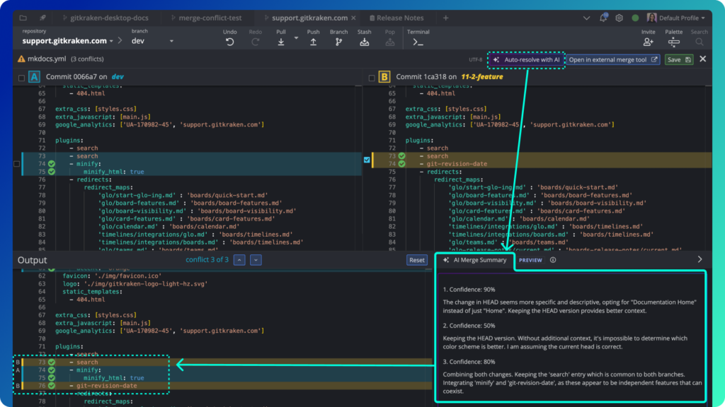 GitKraken interface displaying a YAML file merge conflict. Two versions of the plugins section are shown side by side with differing entries. A highlighted AI Merge Summary offers confidence scores and rationale for each merge decision, alongside an ‘Auto-resolve with AI’ option.