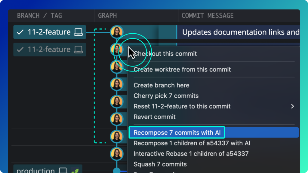 Context menu in a Git visual history interface with the option ‘Recompose 7 commits with AI’ selected. The interface shows a branch graph and commit messages under the ‘11-2-feature’ branch.