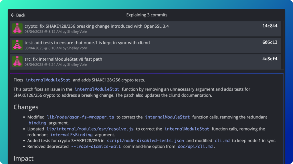 Commit explanation panel displaying a summary of three commits. Each commit is listed with its message, hash, timestamp, and author. The bottom section provides a combined explanation with details on changes and impact.