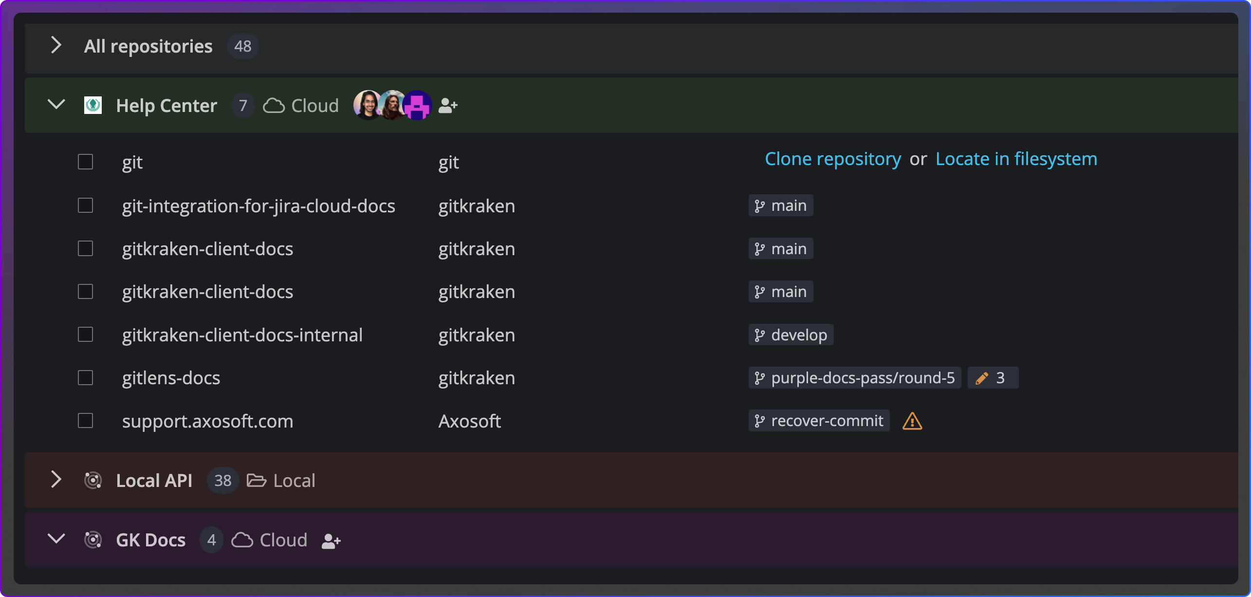 GitKraken Workspaces view showing a grouped list of repositories under “Help Center” with remote ownership and branch names, and options to clone or locate them in the filesystem. A shared cloud workspace includes avatars of collaborators, indicating a shared configuration for team collaboration.