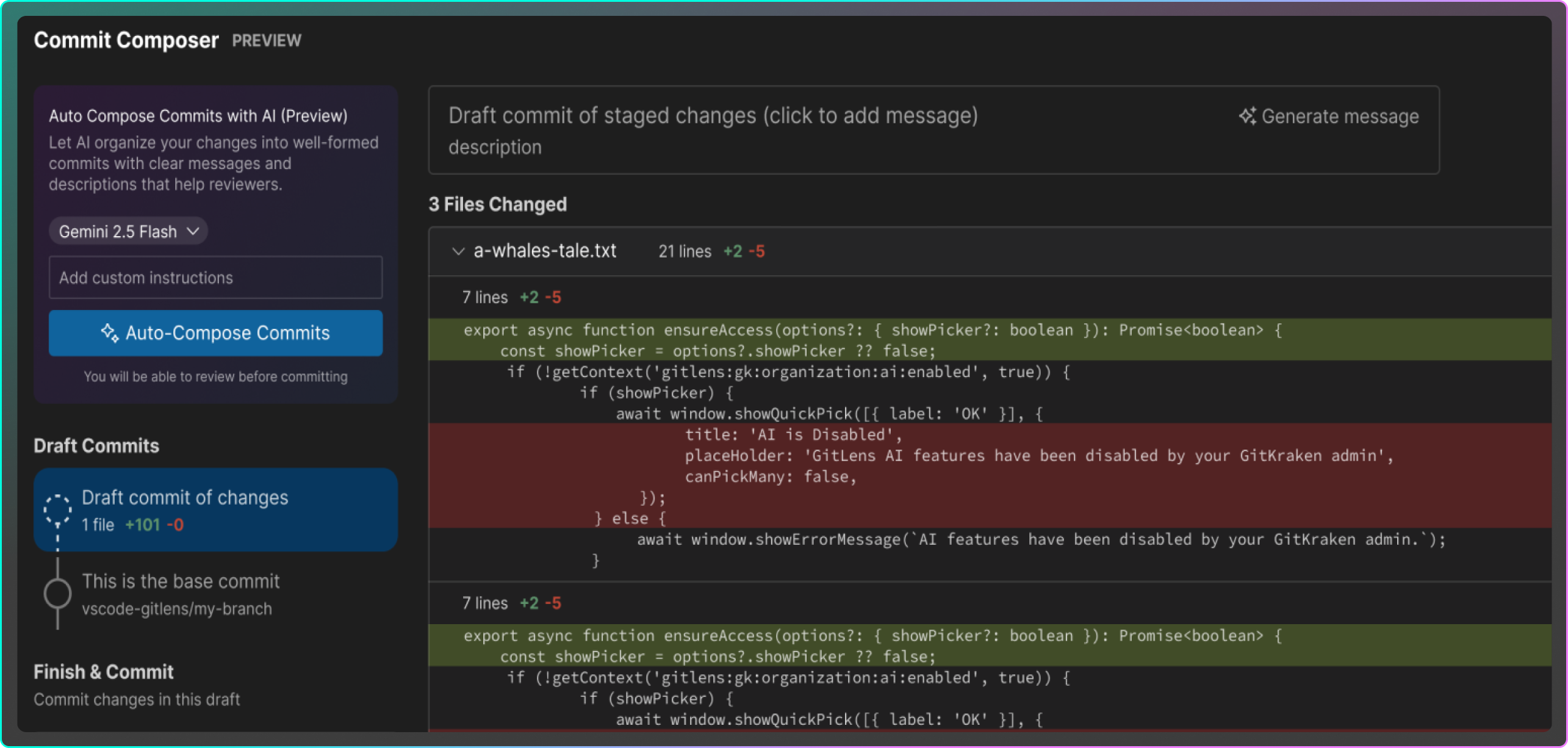 Screenshot of GitLens’ Commit Composer with AI preview enabled. The interface displays staged changes in a file and an “Auto-Compose Commits” button using Gemini 2.5 Flash, allowing users to generate commit messages with optional custom instructions.