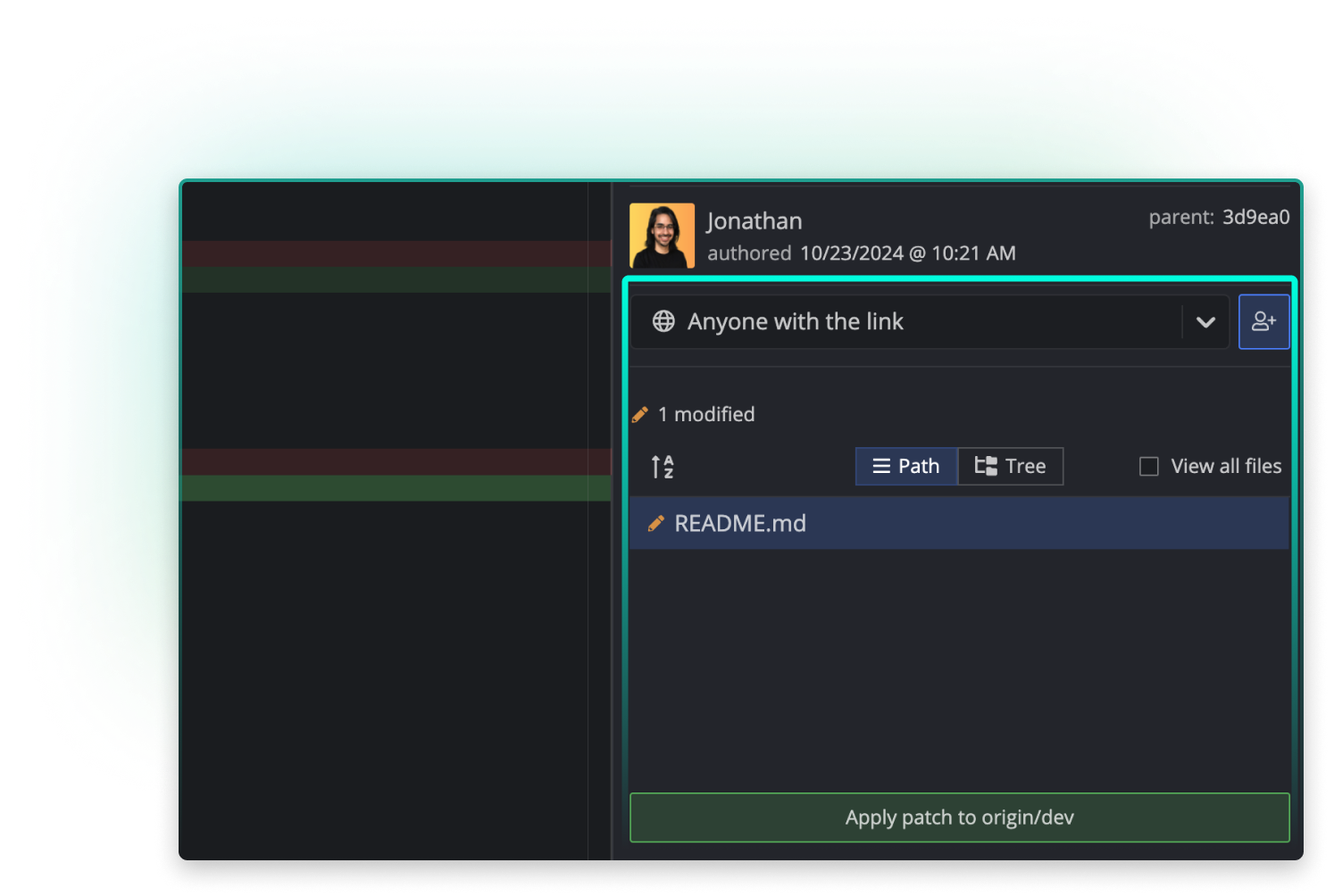 A GitKraken Cloud Patch view shows Jonathan as the patch author, with the patch set to be visible to “Anyone with the link.” One file, README.md, is modified, and the patch is ready to be applied to the origin/dev branch using a button at the bottom of the panel.