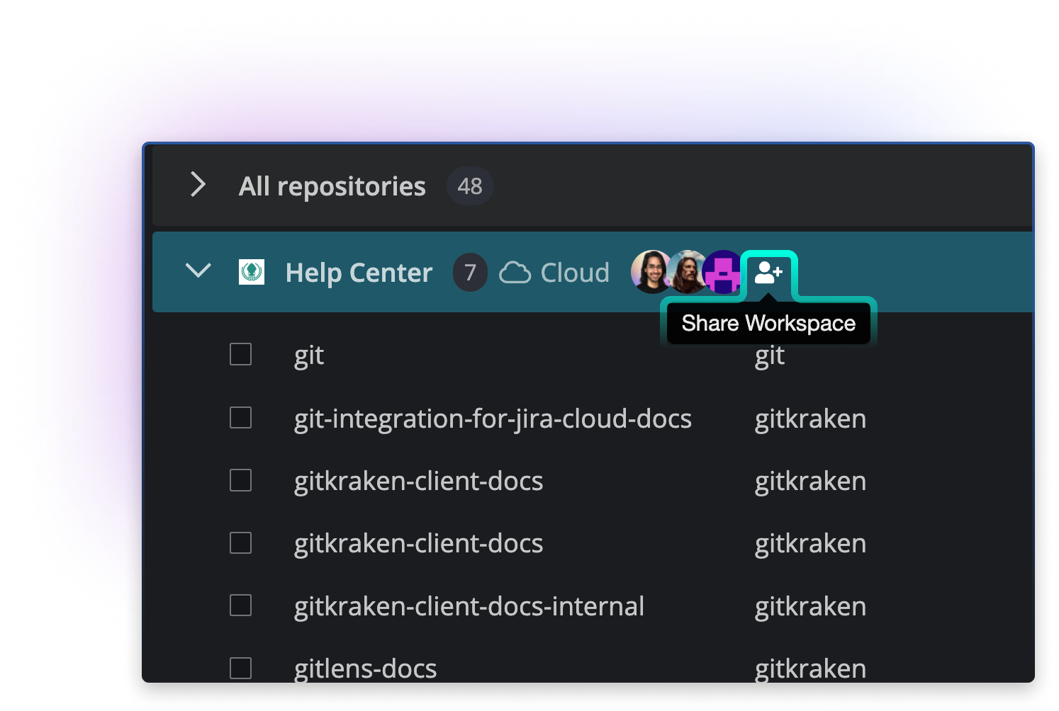 Screenshot of a GitKraken Workspaces interface showing a shared cloud workspace titled “Help Center” with seven repositories. Three collaborator avatars are visible, and a tooltip labeled “Share Workspace” is displayed next to an icon for adding more collaborators.