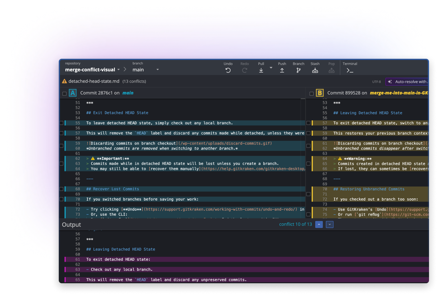 GitKraken Desktop merge conflict editor displaying conflicting changes in the detached-head-state.md file between the main and merge-me-into-main-in-GKD branches. The interface shows side-by-side diffs of each commit and the resulting output section, highlighting line-level differences and additions, with navigation controls for stepping through multiple conflicts.