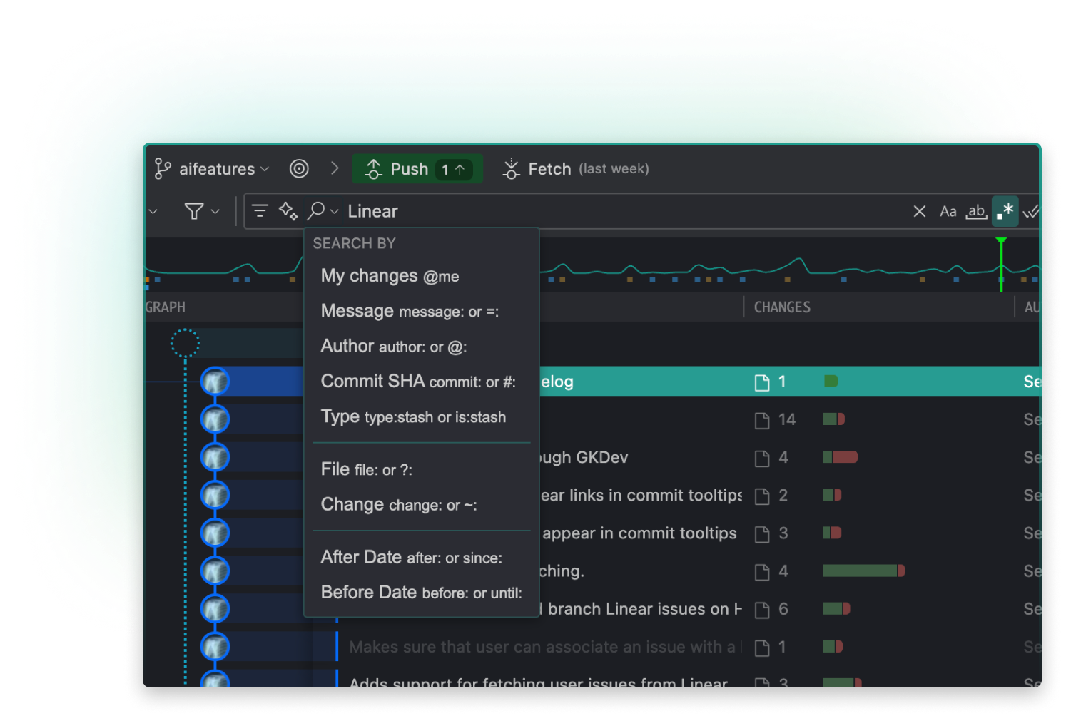 GitLens Commit Graph showing the search filter dropdown in use. The dropdown menu under the search bar titled “SEARCH BY” displays options to filter commits by: • My changes (@me) • Message (message: or =) • Author (author: or @:) • Commit SHA (commit: or #:) • Type (type: or is: e.g., stash) • File (file: or ?) • Change (change: or ~:) • After Date (after: or since:) • Before Date (before: or until:) In the background, a vertical timeline of blue commit nodes is visible, with one commit row highlighted and showing 1 file changed. The interface includes buttons for Push, Fetch, and other commit graph controls.