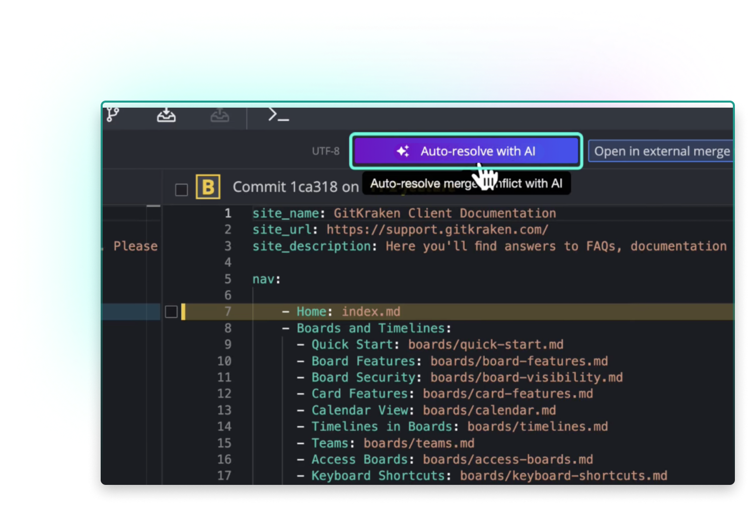Screenshot of GitKraken Desktop showing an AI-powered option to “Auto-resolve with AI” during a merge conflict in a markdown file. The user’s cursor hovers over the highlighted button, indicating AI assistance for resolving merge issues.