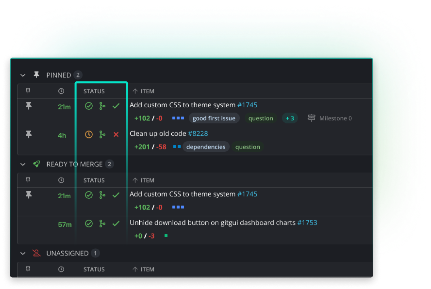 Zoomed-in view of the GitKraken Launchpad interface highlighting the “Status” column of pull request cards. Status indicators include time since submission, checks passed or failed, CI results, and branching status. Green checkmarks indicate successful checks, while red Xs and yellow warning icons indicate issues or failed checks.