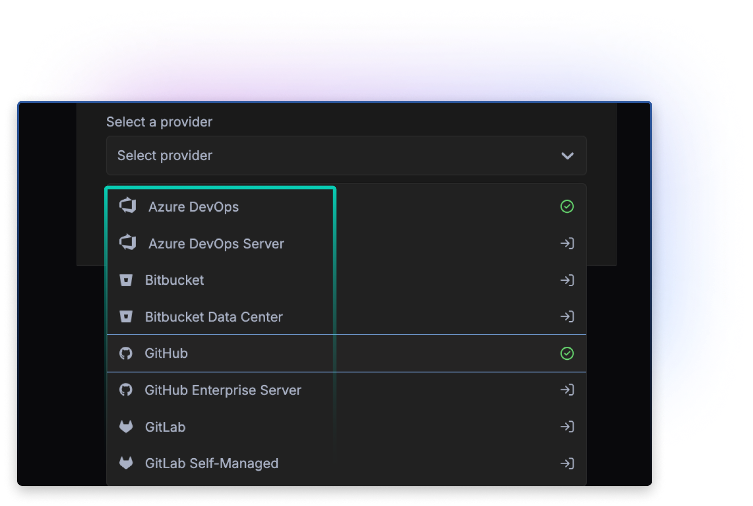 GitKraken Workspaces provider selection dropdown showing integration options for Azure DevOps, Bitbucket, GitHub, GitLab, and their enterprise or self-managed counterparts, enabling connection to a variety of repository hosting services.