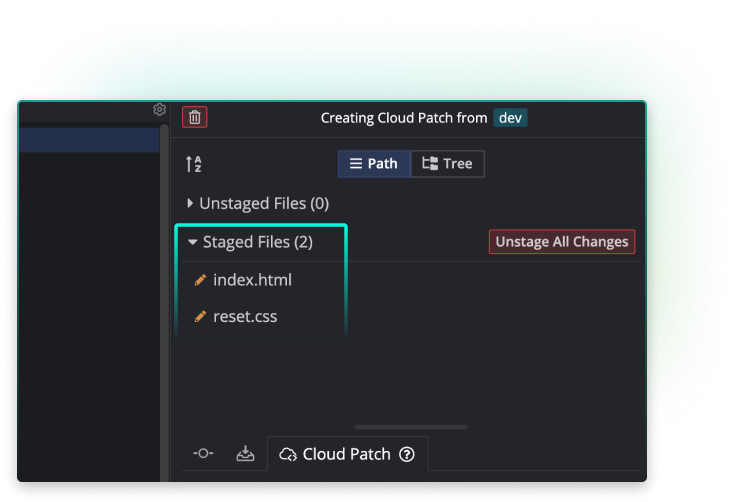 A GitKraken interface shows the creation of a Cloud Patch from the dev branch. Two files—index.html and reset.css—are staged, with an option to unstage all changes. A button at the bottom allows the user to finalize and create the Cloud Patch.