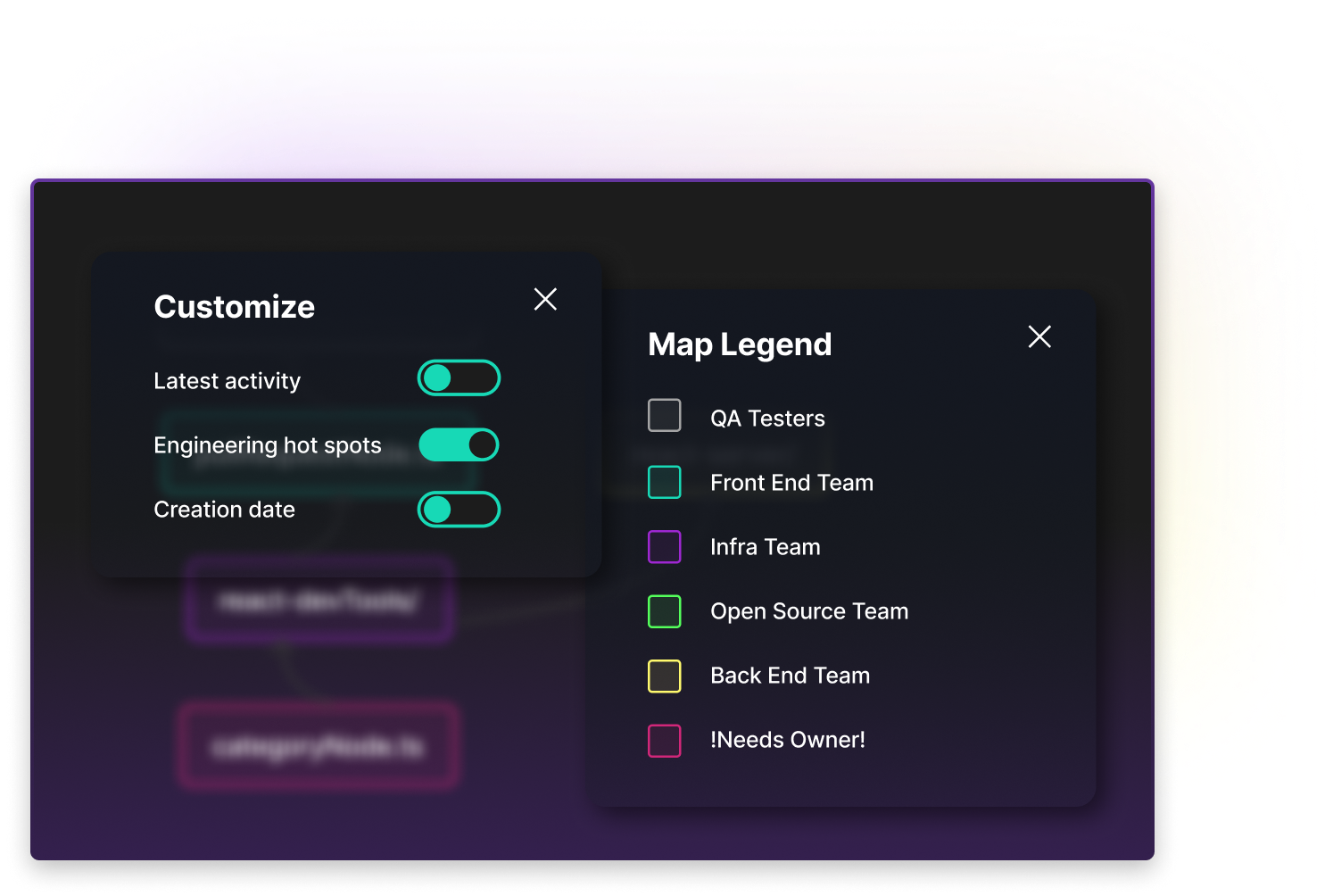 UI showing customization options and a map legend for a code dependency map. On the left, toggle switches enable filtering by latest activity, engineering hot spots, and creation date. On the right, the legend indicates color-coded ownership: gray for QA Testers, teal for Front End Team, purple for Infra Team, green for Open Source Team, yellow for Back End Team, and pink for files needing ownership. Designed to help teams visualize code ownership and activity trends.