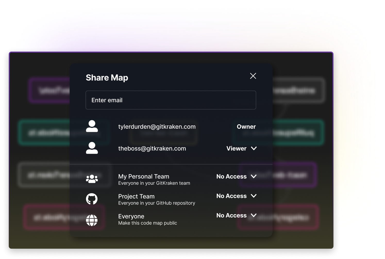 A “Share Map” interface for a code dependency map in GitKraken. Users can grant access by entering emails and assigning roles (e.g., Owner, Viewer). Below are group access options with dropdowns to set visibility for “My Personal Team,” “Project Team,” and “Everyone,” all currently set to “No Access.” Background shows a blurred code map with colored nodes indicating code ownership.