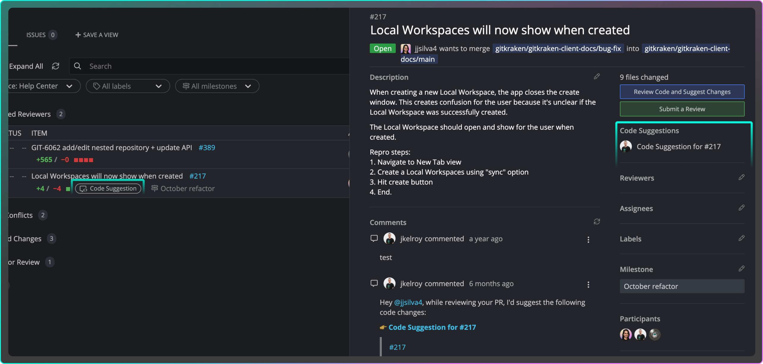 GitKraken’s interface showing a pull request titled “Local Workspaces will now show when created” with a linked code suggestion. The view displays PR metadata including branches, status, reviewers, labels, milestones, and associated comments. A highlighted section shows that a code suggestion for PR #217 has been made, with a link to review and suggest changes.