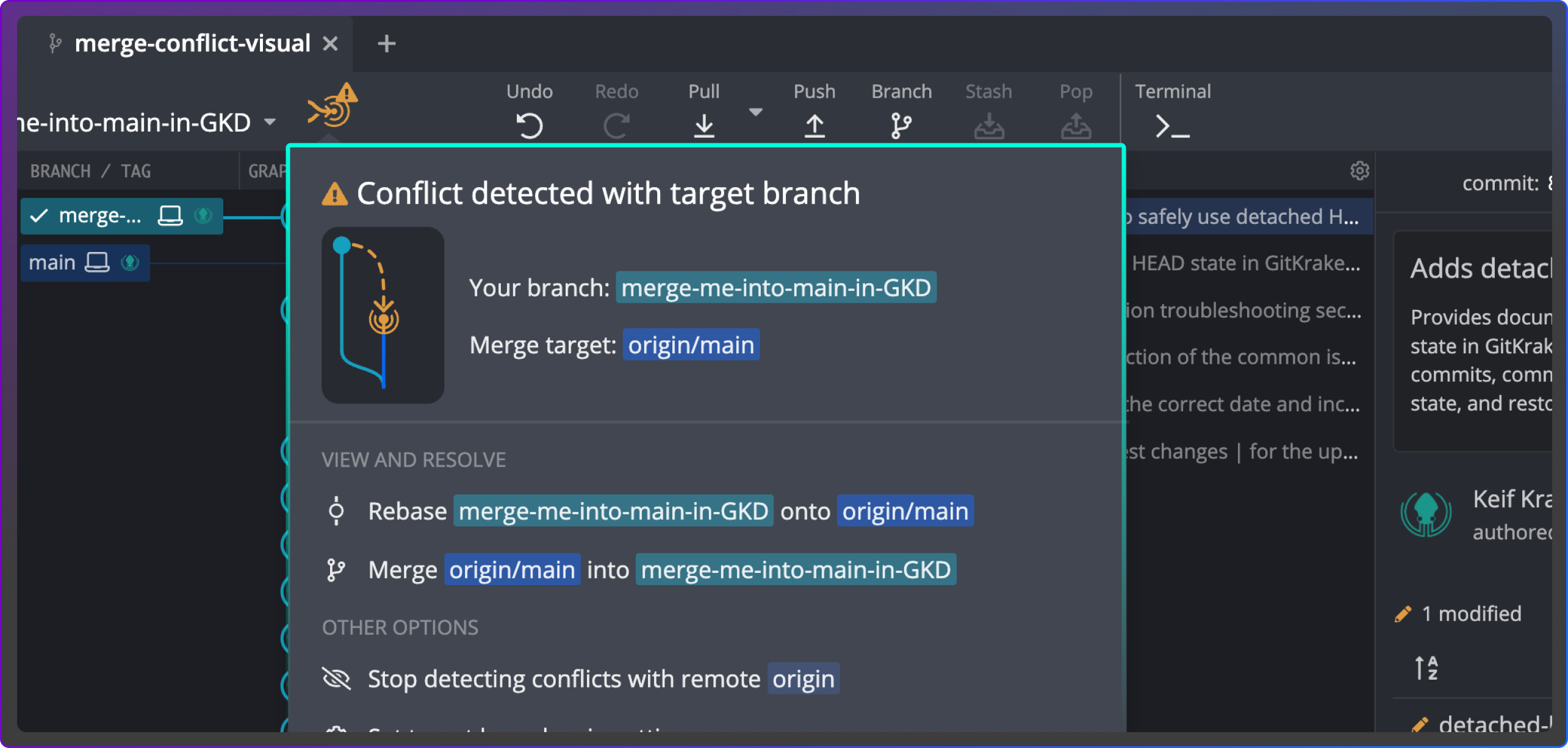 Popup in GitKraken Desktop showing a merge conflict detected between branches. The UI offers resolution options to rebase the feature branch onto the main branch or merge the main branch into the feature branch, with additional options to stop detecting conflicts or set a new comparison branch.