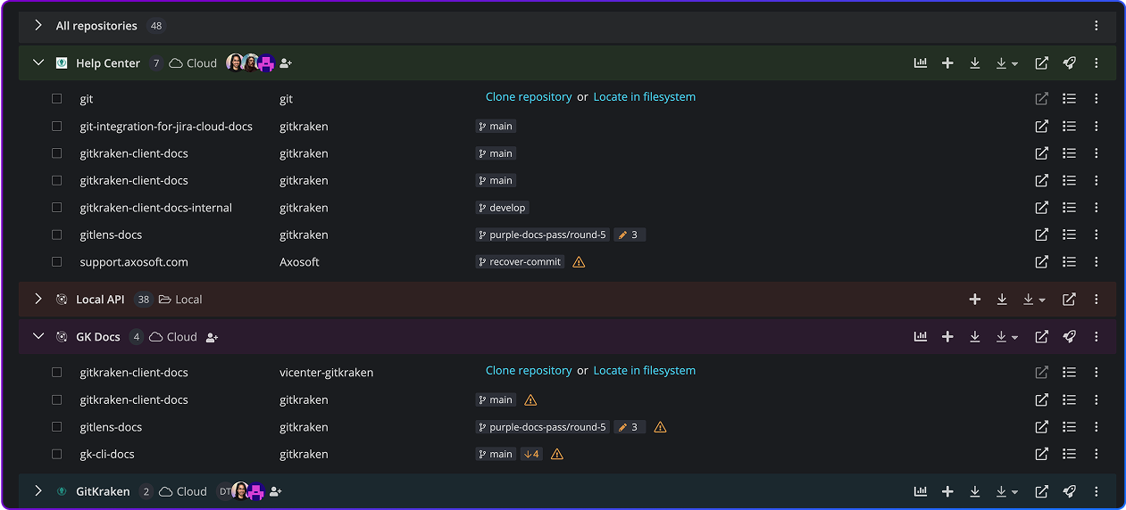 GitKraken Workspaces interface displaying grouped repositories under categories like “Help Center,” “Local API,” “GK Docs,” and “GitKraken.” Each section shows repository names, owners, default branches, warnings, and action icons, offering centralized visibility and management across multiple projects.