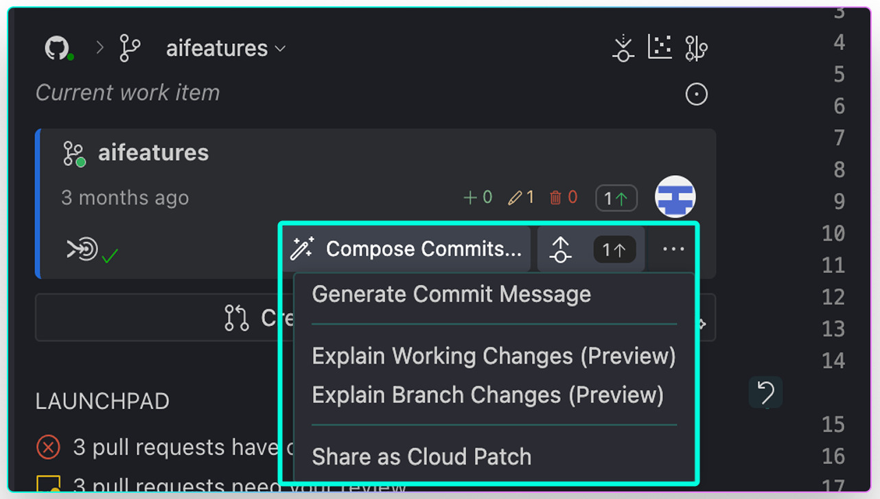 Screenshot of the GitLens Git AI menu showing options to generate a commit message, explain working changes, explain branch changes, or share changes as a Cloud Patch. The current work item is labeled “aifeatures.”