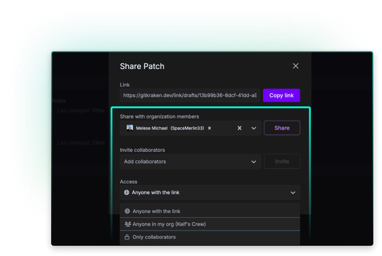 A GitKraken “Share Patch” window with a copyable link and permission settings. Options allow sharing with specific organization members, inviting collaborators, and selecting access levels such as “Anyone with the link,” “Only collaborators,” or members of a specific organization group.