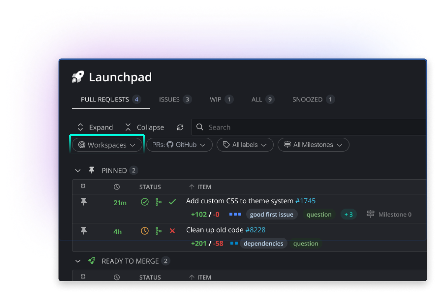 GitKraken Launchpad interface showing a dashboard with pull requests, issues, and work-in-progress tabs. Filters at the top allow sorting by workspace, provider, labels, and milestones. Pull request items are grouped under categories like “Pinned” and “Ready to Merge,” each showing status, code change stats, tags, and associated milestones.