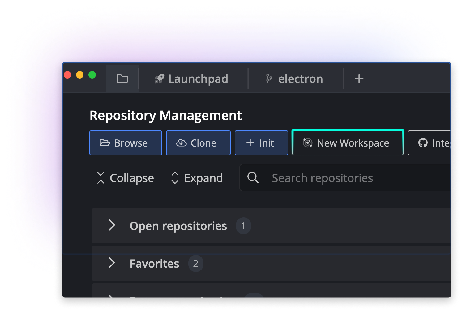 The “Repository Management” screen in GitKraken Desktop, showing buttons to Browse, Clone, Initialize, and create a New Workspace. The “New Workspace” button is highlighted, indicating how to start creating a workspace.
