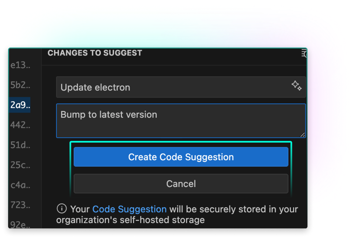 A GitKraken interface showing a reviewer composing a code suggestion with a title “Update electron” and a note “Bump to latest version.” A highlighted button labeled “Create Code Suggestion” reinforces confident and structured peer reviews.