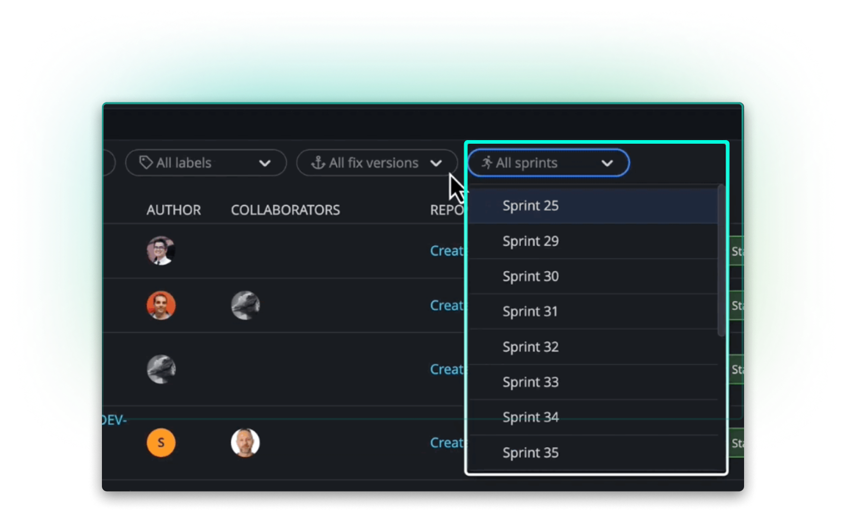 Dropdown menu in GitKraken Launchpad displaying sprint filtering options. The “All sprints” menu is open, showing a list of individual sprints (Sprint 25 to Sprint 35), helping users quickly narrow issues by sprint.
