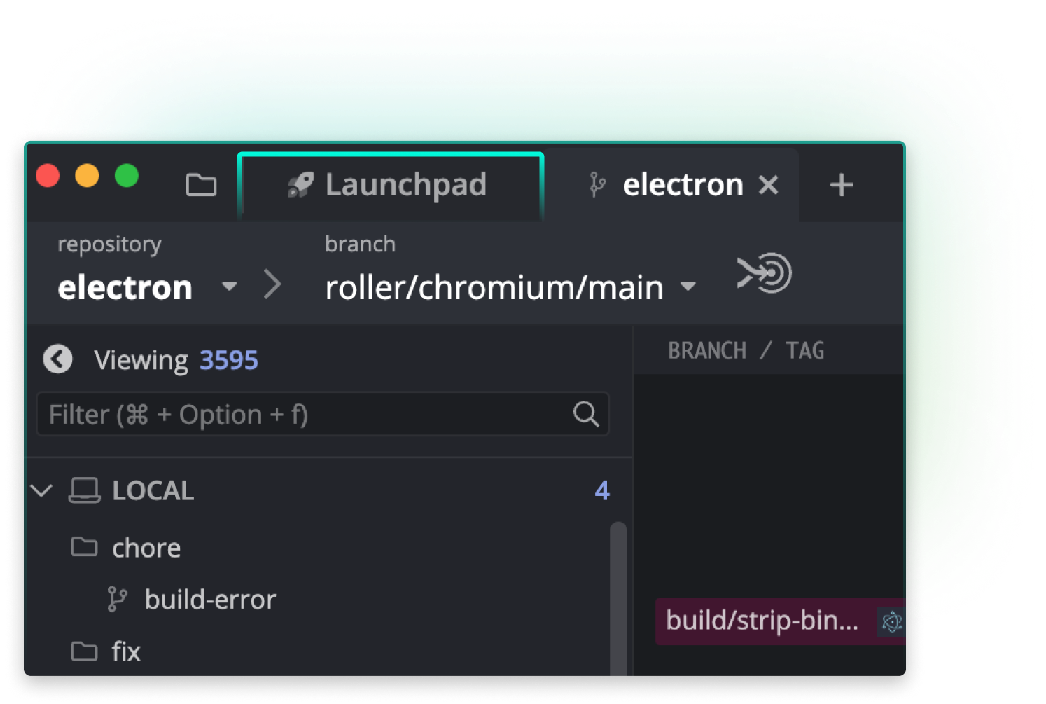 GitKraken Desktop interface showing the Launchpad tab with a selected repository named “electron” and the branch “roller/chromium/main.” The sidebar displays a structured local branch list including “chore,” “build-error,” and “fix,” highlighting how users can quickly navigate and manage branches.