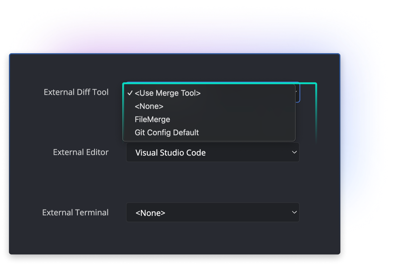 GitKraken Desktop settings panel showing configuration options for integrating external tools. Dropdown menus allow users to select an external diff tool (options include “Use Merge Tool,” “None,” “FileMerge,” and “Git Config Default”), an external editor (set to Visual Studio Code), and an external terminal (set to “None”).