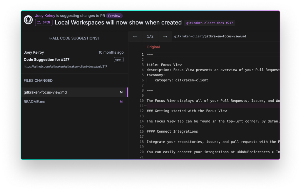 GitKraken’s Code Suggestions feature showing a suggested change to a pull request. The interface highlights the author, the files changed (gitkraken-focus-view.md and README.md), and displays a side-by-side comparison of the original and updated code in markdown format.