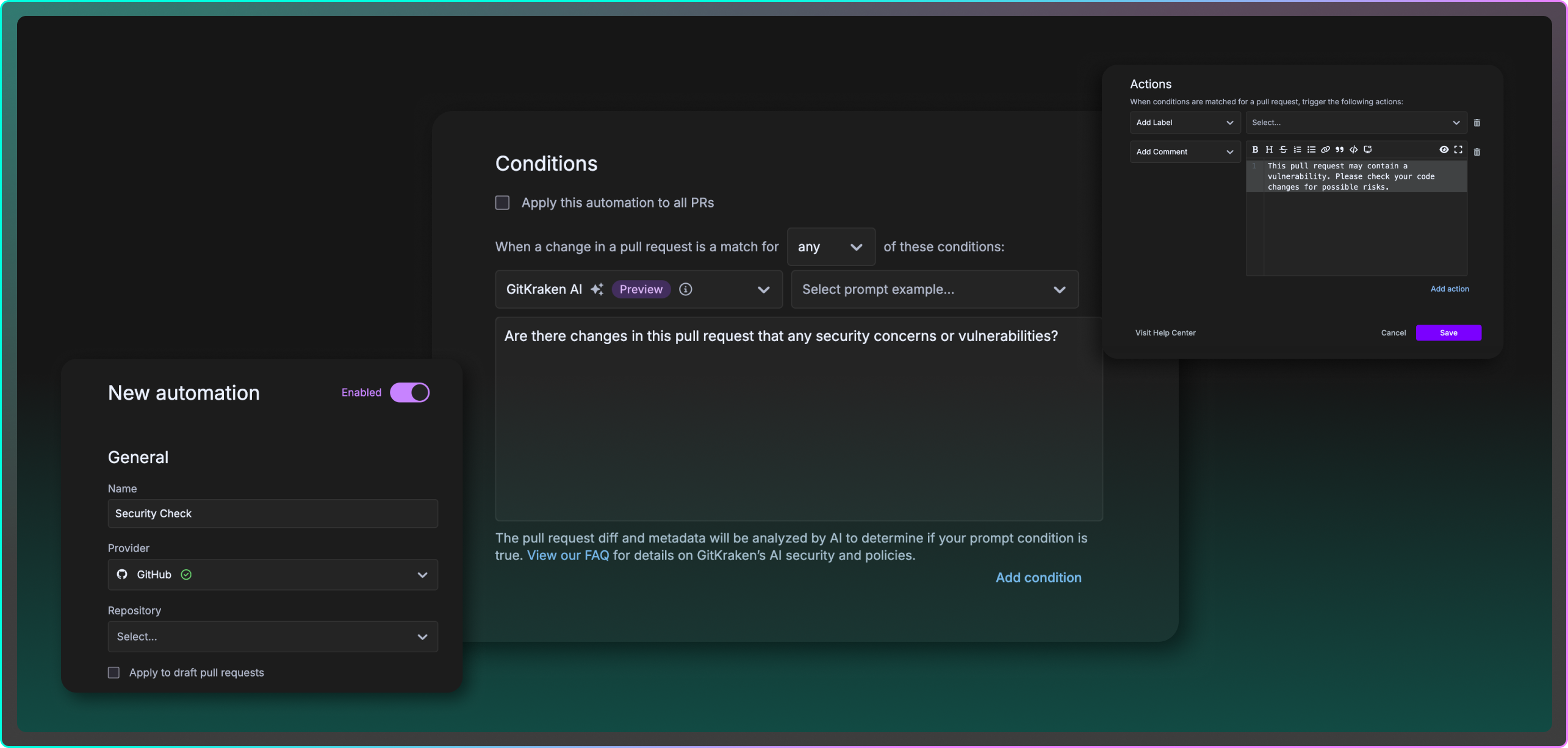 Screenshot of GitKraken Automations interface showing the creation of a new automation named “Security Check.” The UI includes fields for selecting the provider (GitHub), repository, and conditions to trigger the automation. A condition is shown using GitKraken AI to detect potential security concerns in pull requests. On the right, an action is set to add a label and a comment warning about possible vulnerabilities in the code.