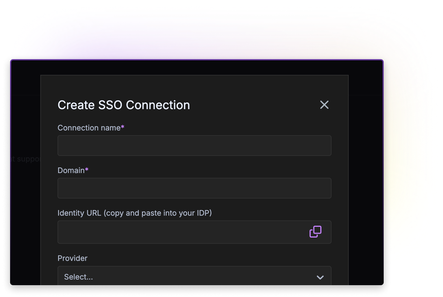User interface for creating a new SAML 2.0 Single Sign-On (SSO) connection in GitKraken, with input fields for connection name, domain, identity URL, and identity provider selection.