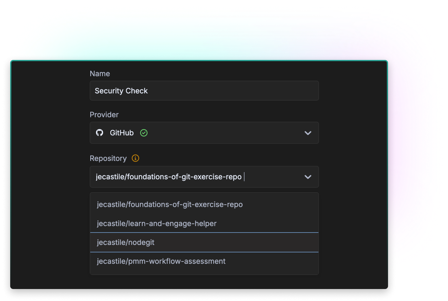 GitKraken Automations interface showing the setup for routing critical pull requests. A user configures an automation titled “Security Check,” selects GitHub as the provider, and chooses a repository from a dropdown list, highlighting jecastile/nodegit.