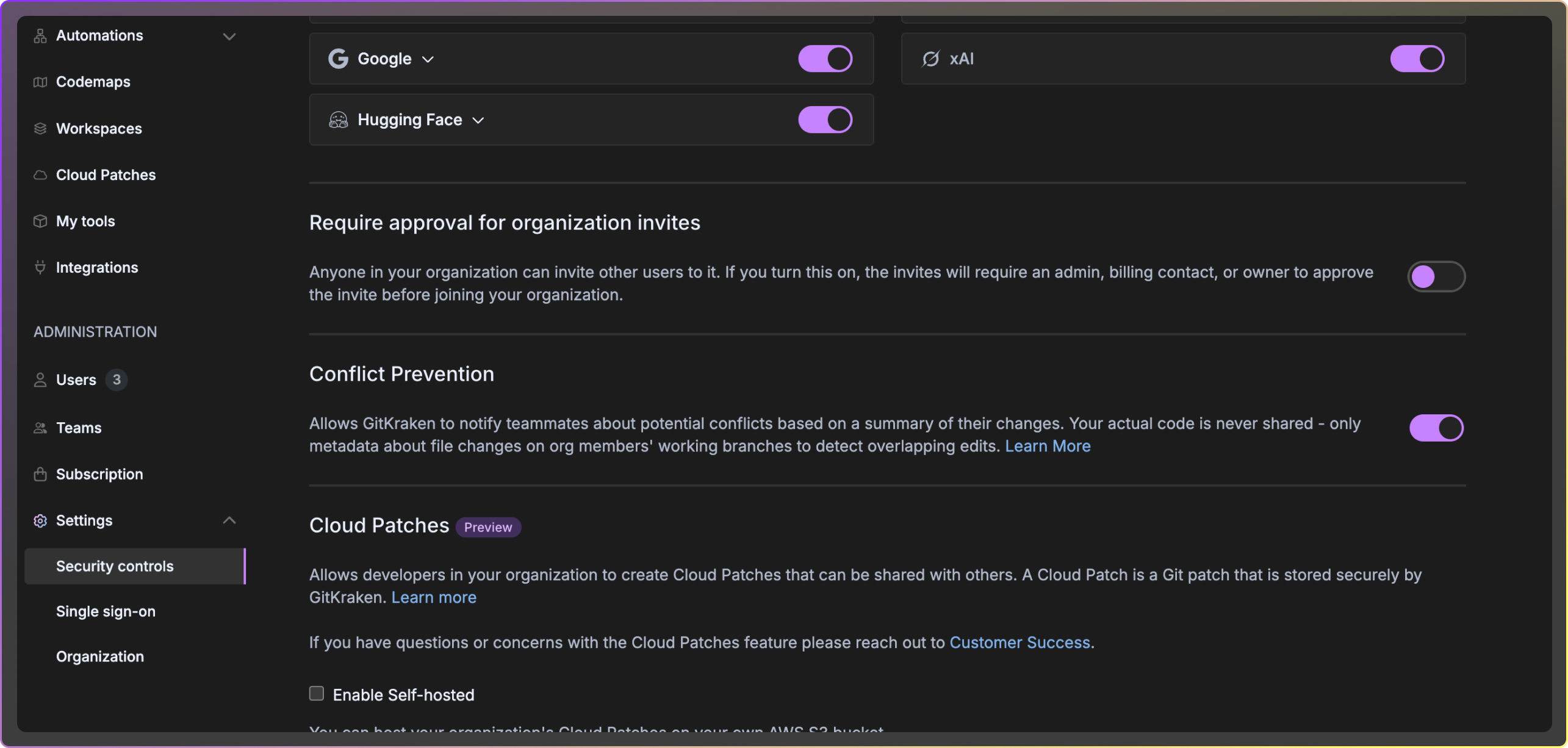 GitKraken security settings screen showing organization-level controls including toggles for requiring approval on invites, enabling conflict prevention using metadata (without sharing code), and enabling Cloud Patches. Options to enable self-hosted patches and links to learn more or contact support are also visible. The left navigation bar highlights the “Security controls” tab.