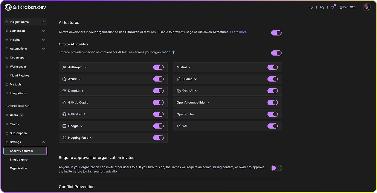 GitKraken security settings interface showing toggles to enable or restrict AI features across an organization. Listed AI providers include OpenAI, Anthropic, Azure, Hugging Face, GitHub Copilot, and more, each with individual toggle controls. The sidebar navigation includes sections like Launchpad, Workspaces, Automations, Codemaps, Cloud Patches, and administrative settings. A section below includes a toggle for requiring approval for organization invites.