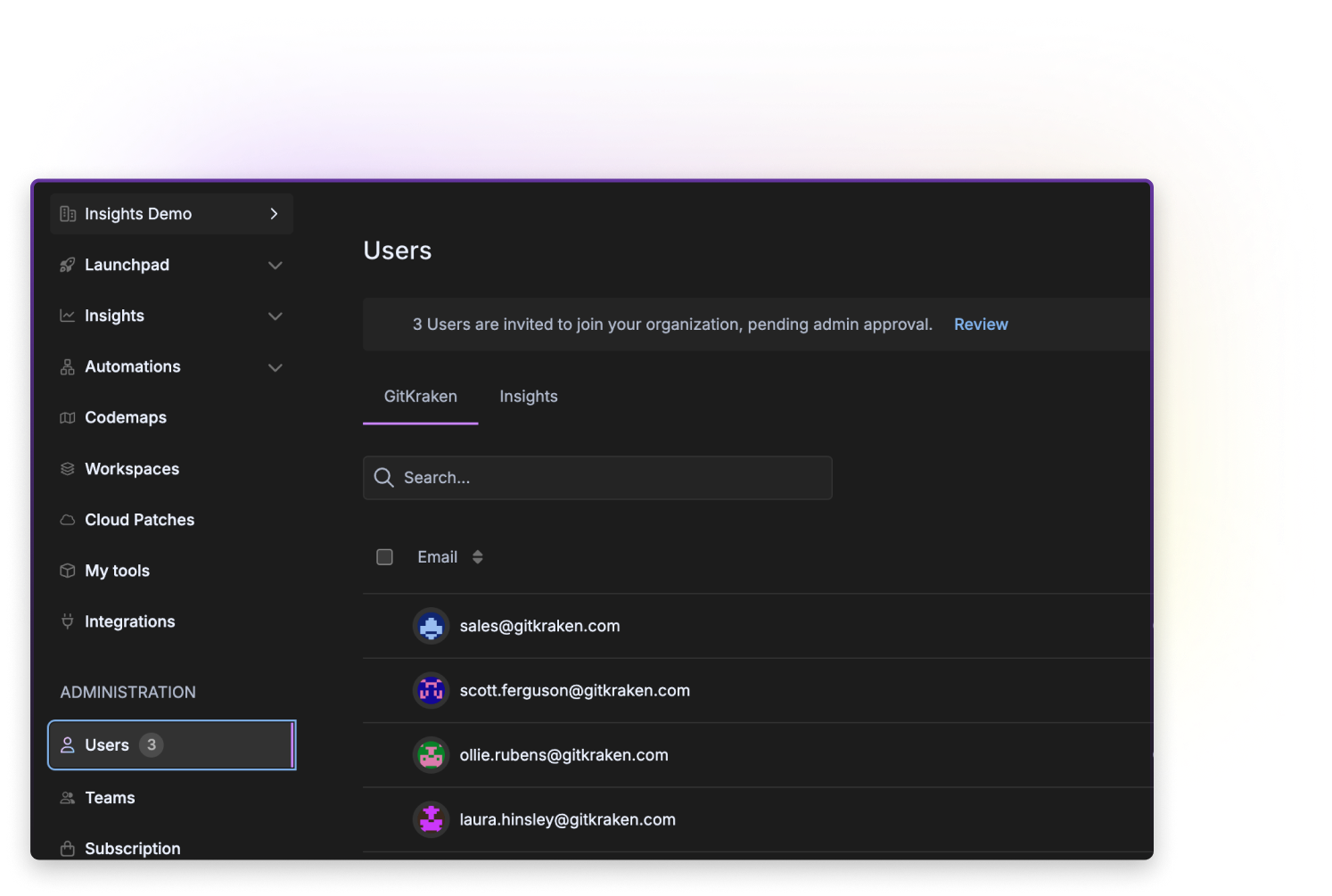User management panel in GitKraken admin view showing a list of organization users with associated email addresses and avatars. Left sidebar includes navigation options like Launchpad, Insights, Automations, Codemaps, Workspaces, and Cloud Patches. A banner at the top notifies that 3 users are awaiting admin approval.