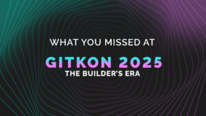 Event graphic reading "What You Missed at GitKon 2025: The Builder’s Era" with a dark, wavy gradient background in teal and purple.