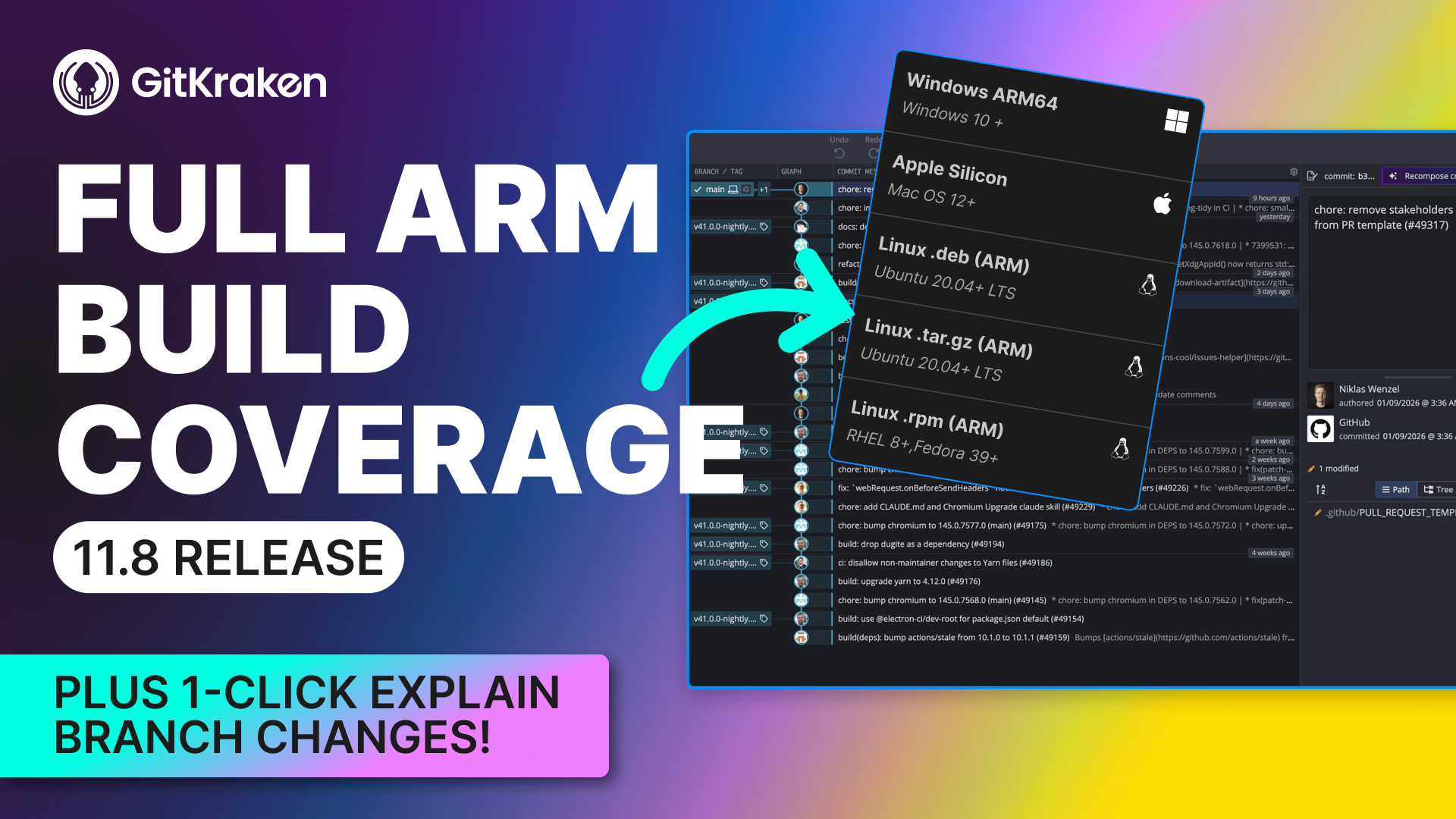 Promotional graphic for GitKraken Desktop 11.8 featuring "Full ARM Build Coverage" and "1-Click Explain Branch Changes", with a dropdown showing ARM download options for Windows, macOS, and Linux.